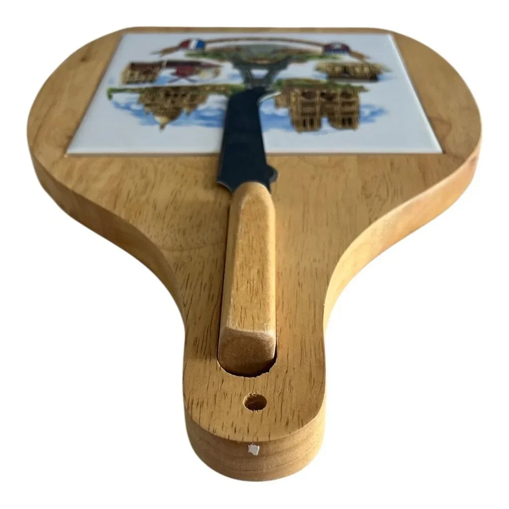 Vintage Paris Souvenir Cheese Board with Knife – Wood & Ceramic Tile, Eiffel Tow